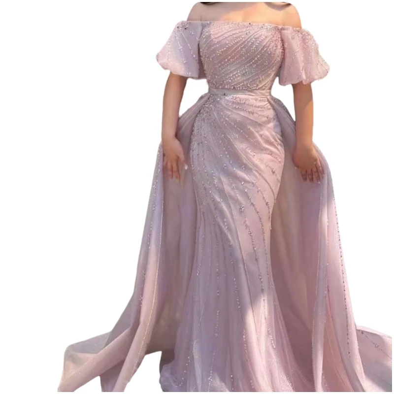 Customized Light Pink Women Evening Dress With Skirt Off Shoulder Beading Floor Length Formal Occasion Dress Party Pageant Gown