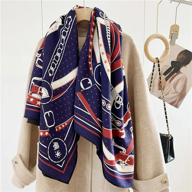 2023 Double-Sided Blanket Scarf Wraps 130*130CM Fashion Belts Print Wool Foulard Shawl Echarpe for Women Autumn Winter Scarves