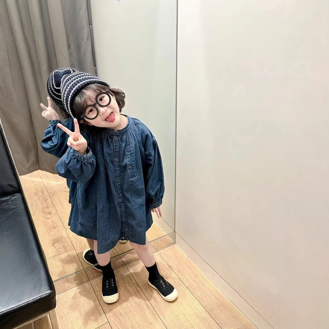 Girls Dress 2026 Spring and Autumn New Korean Version Stand Up Collar Single Breasted Washed Denim Dress Fashionable