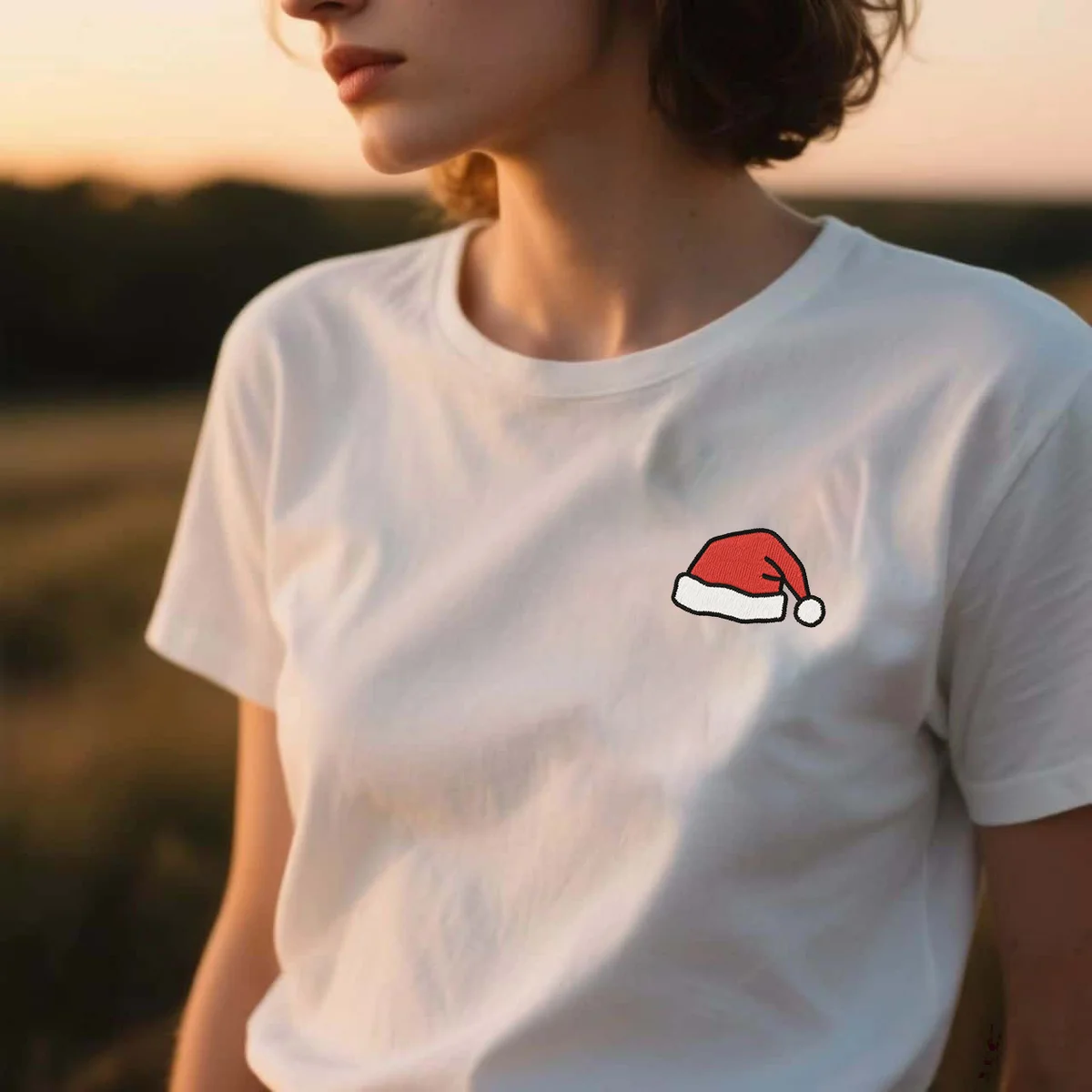 

Snowy Noggin Men’s & Women’s Embroidered Cotton T-Shirts – Christmas Hat T-Shirt with Premium Embroidery for Family Gatherings