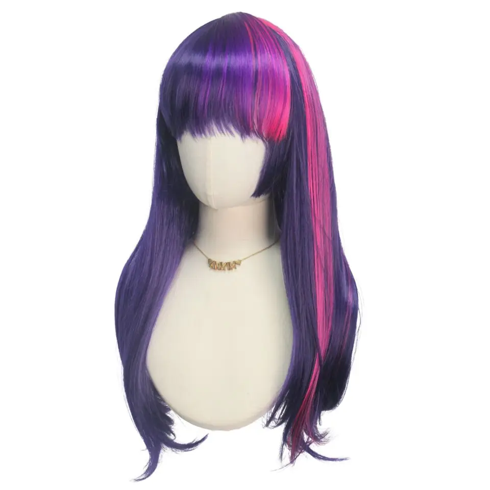 Peluca sintética de cabello lacio largo con flequillo prolijo, rosa y púrpura, fibra química, Twilight Sparkle, juego de roles, figura de pony animada 3