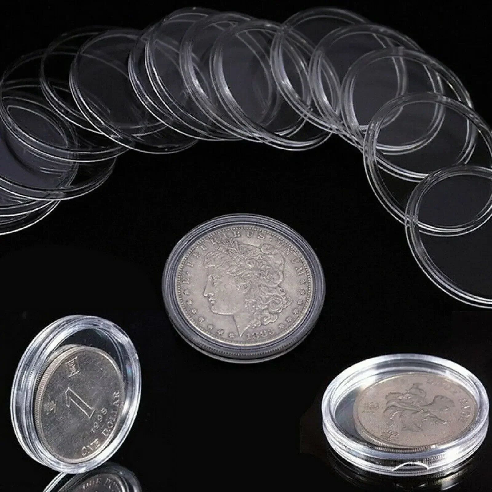 Capsules rondes transparentes en plastique, 100 pièces, 16/18/20/21/23/24/26/28/30/33/38mm, support de collecte de pièces de monnaie, conteneur de stockage