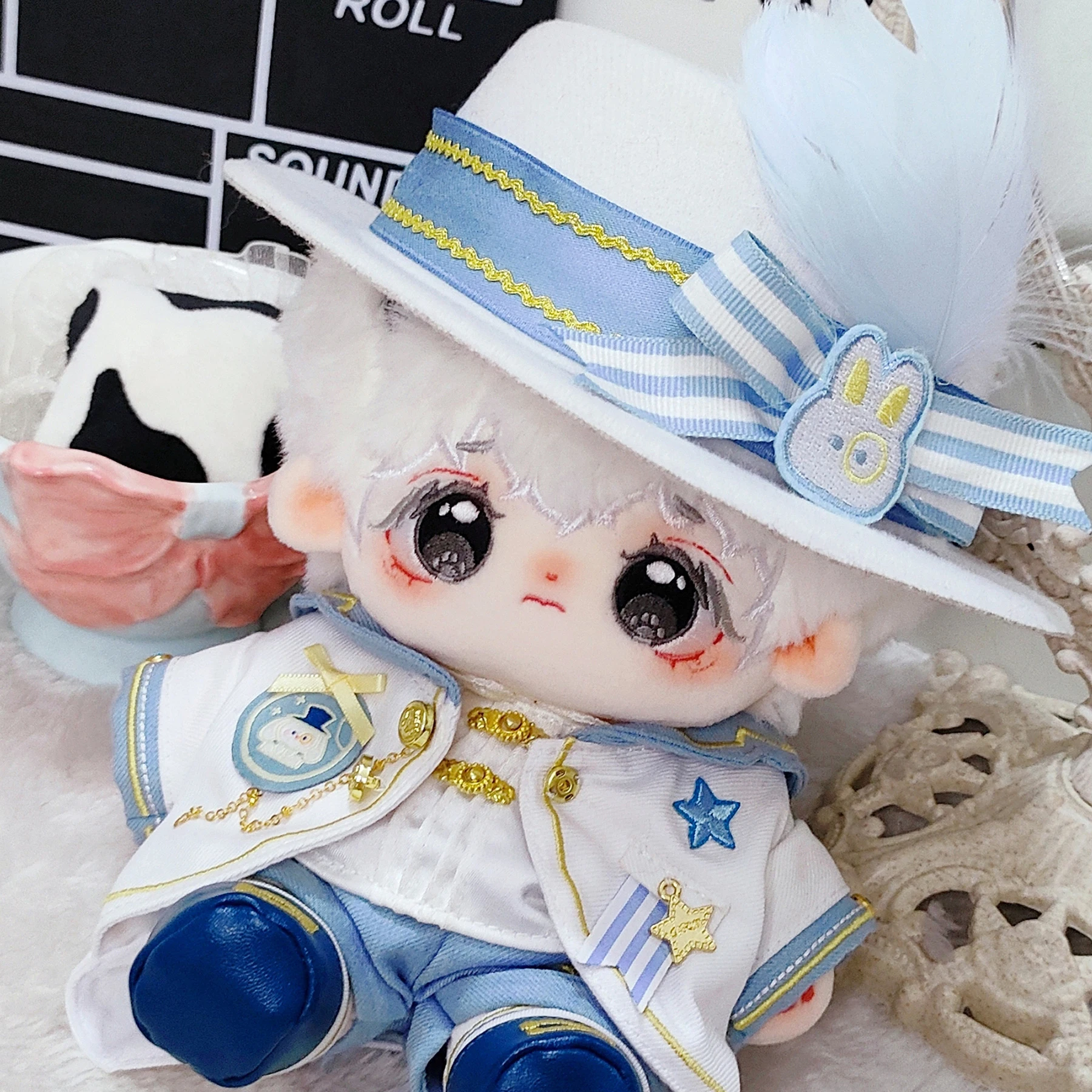 

20cm Plush Doll Clothes Handmade Cool Handsome Feather Bow Hat Color Blocking Coat Pants Shoes Set For Doll Accessories Toy