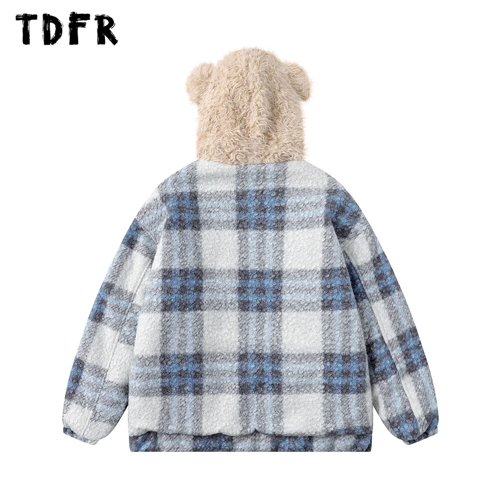 Little Bear Plaid Quilted Jacket Mens Winter Thick Retro Casual Spliced Hooded Long Sleeve Padded Jacket Men