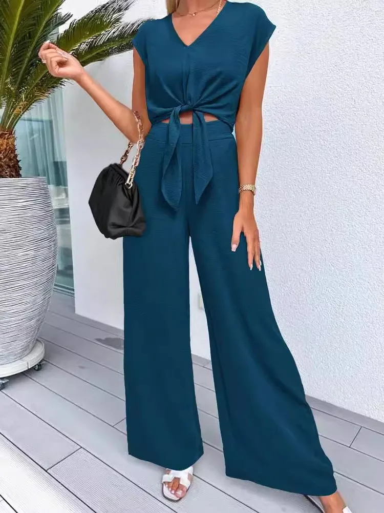 Women\'s Summer Collection Solid Color Fashion Sleeves Sexy V-neck Strap Waist Short Top With Pocket Wide Leg Pants 2-piece Set