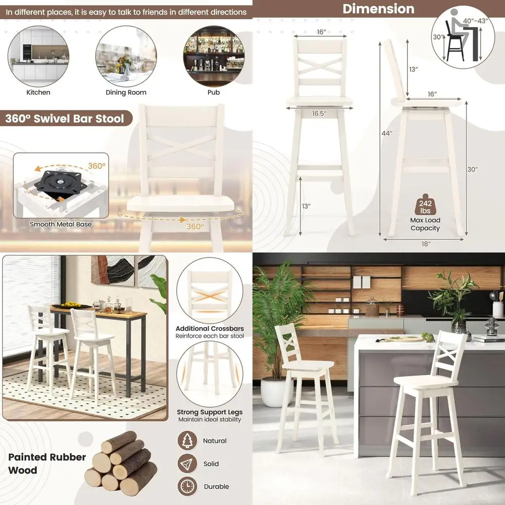 

Set of 4 Cream Swivel Bar Stools, 30 Inch High, Rubberwood, with Slanted Backs and Curved Seats for Kitchen Islands and Pubs