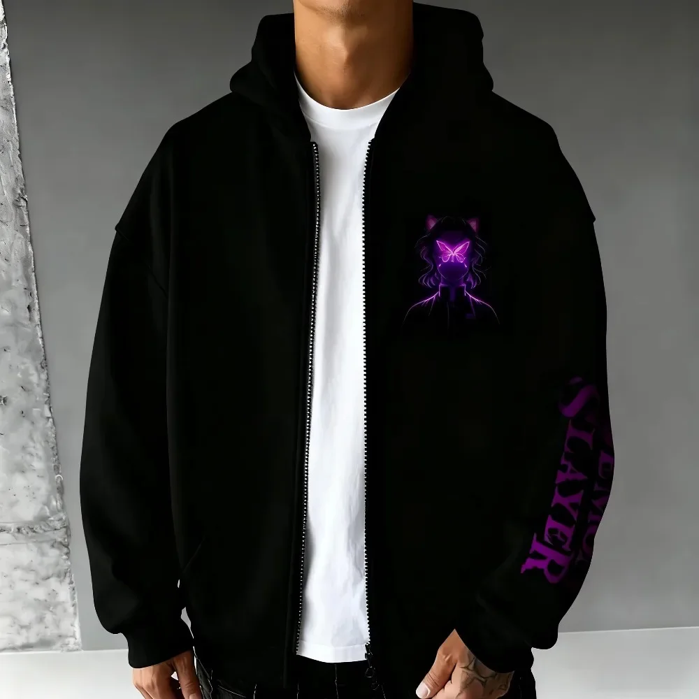 

Новая толстовка на молнии с принтом Demon Slayer в стиле аниме Kochou Shinobu, осень/зима 2021, новый мужской и женский повседневный свободный свитер, топ