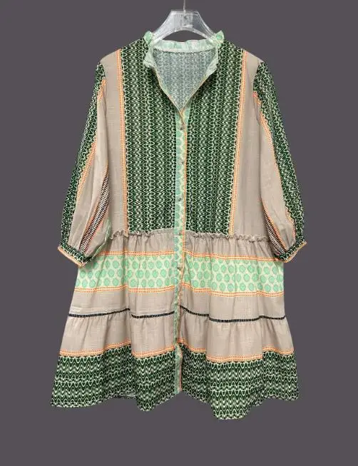 فستان قميص عصري جديد لربيع وصيف 2025 مطبوع عليه موجة ورقبة دائرية وأزرار لأعلى فستان نسائي غير رسمي فضفاض بأكمام واسعة #4