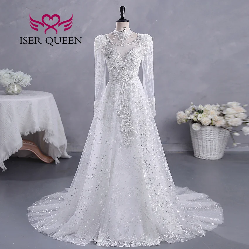 Customized Long Sleeve 2 IN 1 Bride Wedding Dresses Meramid With Detechable Train Sequin Beaded Lace On Neck Bridal Gown WX0416