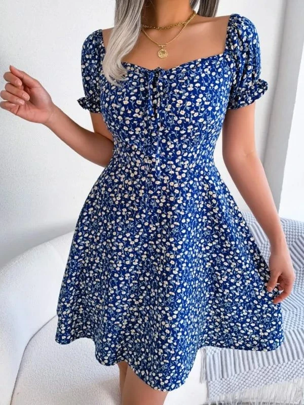 Casual floral impressão dr feminino ort sve dstring cintura a linha saia verão rua sle regular fino peça única