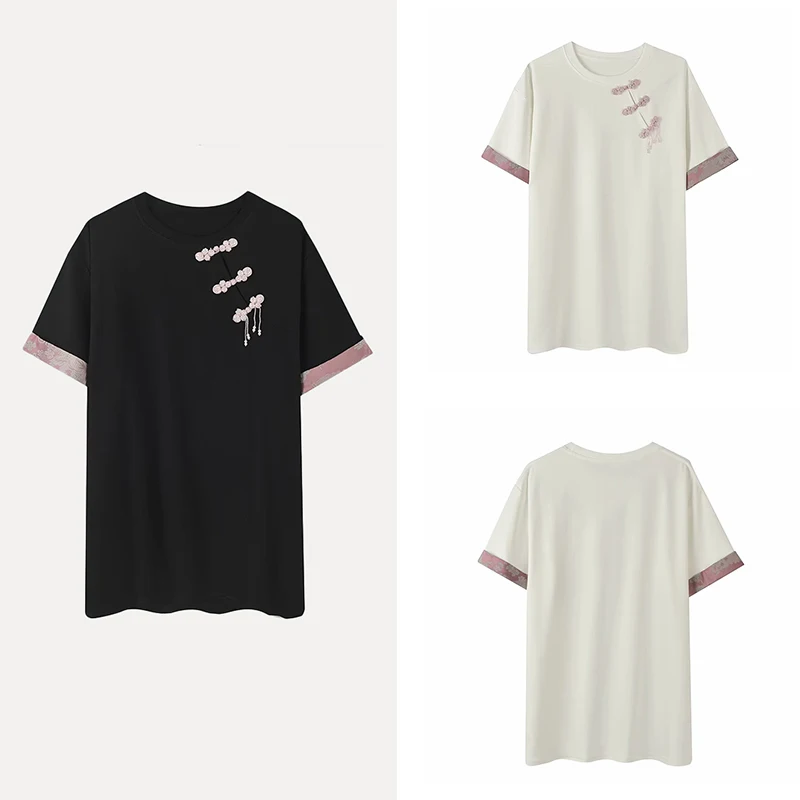

Casual Summer 2025 Women's Sle Versatile Handmade Button Splicing Sve T-irt Polyester Fiber 00% round Ne Regular Le...