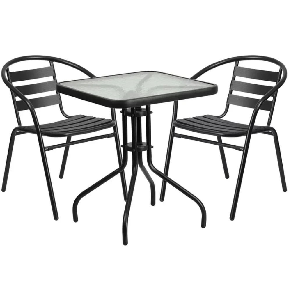 

Table and Chairs Set, 23.5'' Square Glass Metal Table with 2 Black Metal Aluminum Slat Stack Chairs, Table and Chair Set