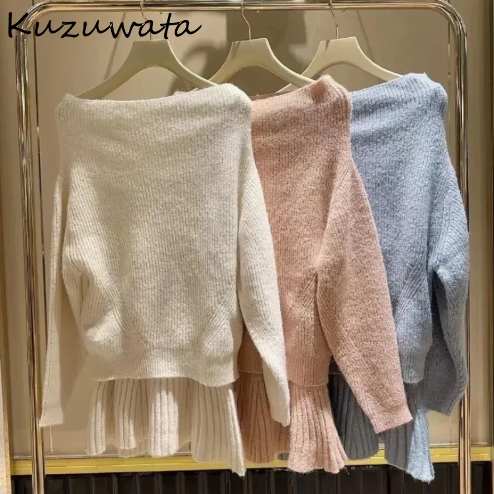 Kuzuwata Literary Slash Neck Lantern Knit Set Jumper High Waist Bodycon Mermaid Falda Japan Vintage Sweet Suit Spice Girls Skirt