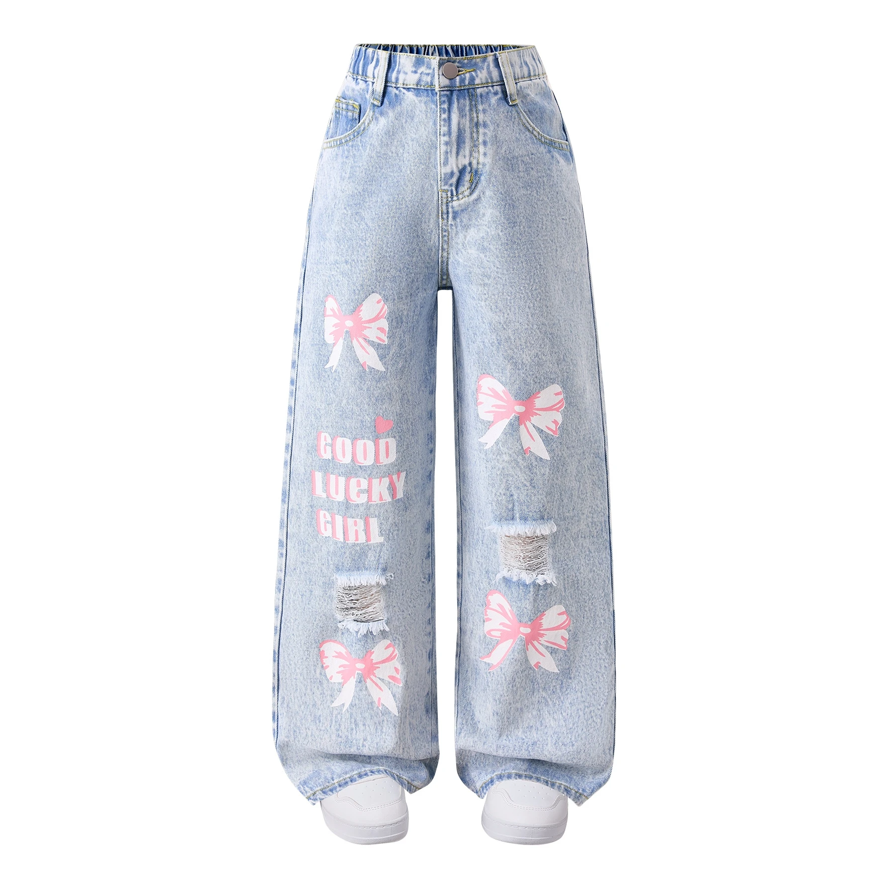 

Trendy High Waist Wide Leg Denim Jeans for Teenage Girls Knot Print Casual Fashionable Ladies Pants