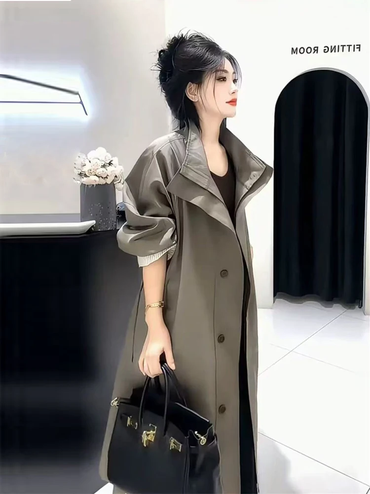 

Women'S Long Oversize Trench Coat Cropped Collar Wide Shoulder Windbreaker Fall Commuting Daily Notched Sleeve Office Outerwears