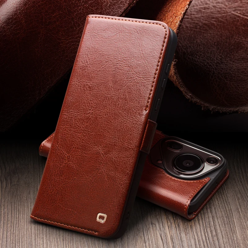 Qialino Genuine Leather Flip Phone Cases For Huawei Pura70 Pura 70 P60 Pro Ultra Handmade Phone Cover With Card Slots Cover Case