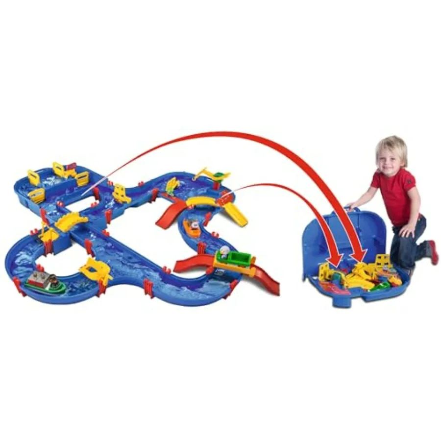 Amphie World Water Playset for outdoor use, made of durable BPA-free plastic, blue and yellow color, includes splash pad and in