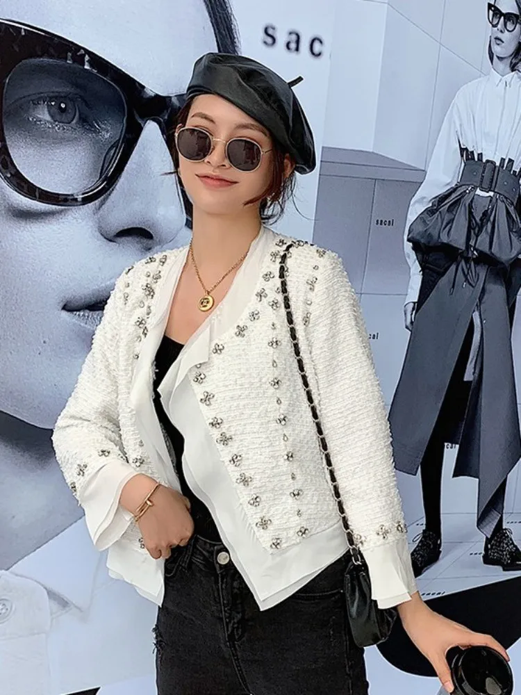 Elegant Ladies White Short Coat Fashion Patchwork Slim Fit Long Sleeve Cardigan Jacket Office Women Diamonds Designer Outerwear