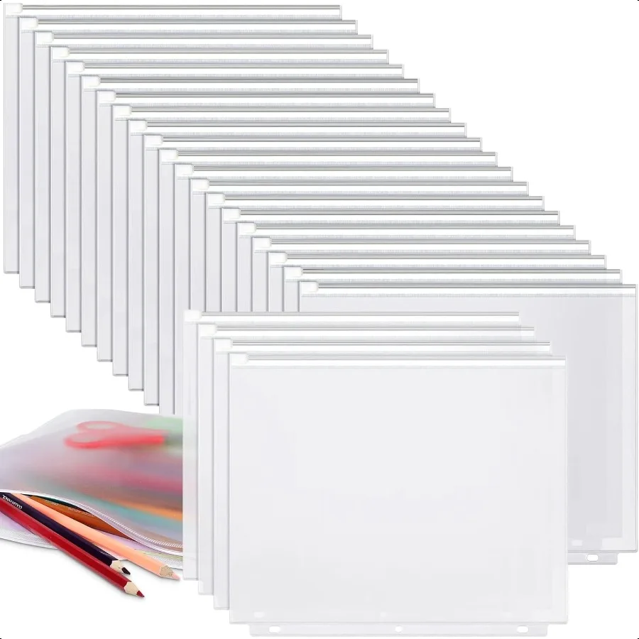 

30 PCS 3 6 Ring Binder Zipper Pouch Binder Pockets 3 6 Holes Clear Zipper Binder Folders Waterproof PVC Loose Leaf Bags Filling