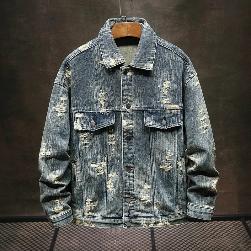 Blue Vintage Worn Looking Washed-out Worn Denim Coat for Men 2024 New Fashion Trendy Loose Y2K Jacket