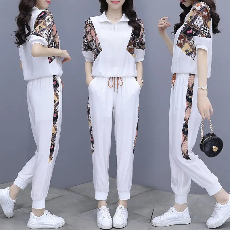 2024 New Korean Summer Fashion Short Sleeve T-shirt and Sports Pants for Women\'s Western Style Age Reducing Casual Two Piece Set