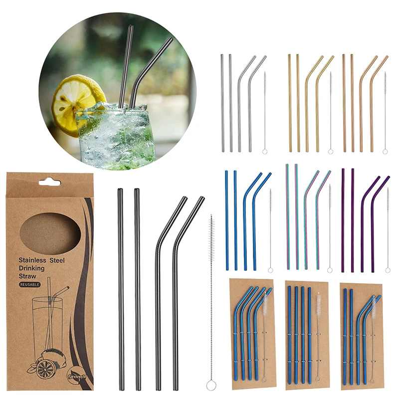 5Pcs Reusable Drinking Straws 304 Stainless Steel Sturdy Bent Straight Drinking Straw With Cleaning Brush Bar Party Accessory