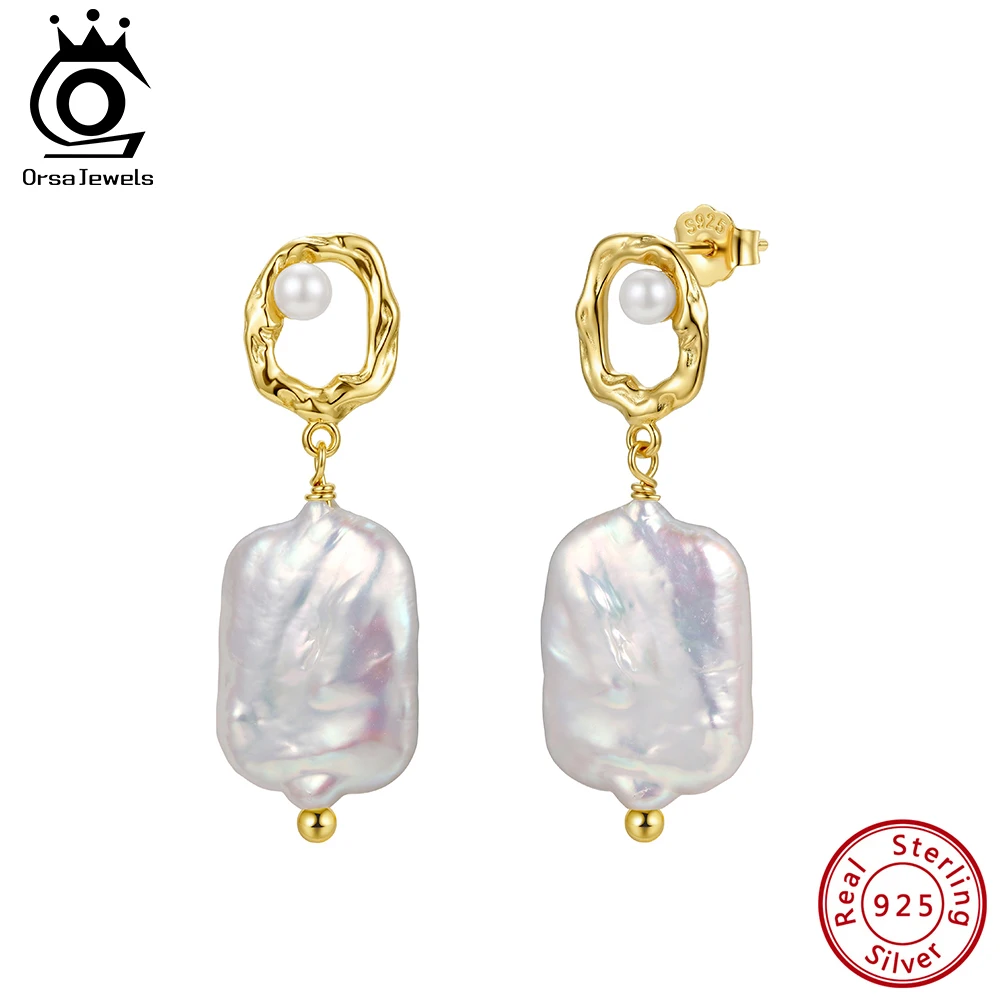 

ORSA JEWELS 925 Sterling Silver Big Natural Freshwater Pearl Drop Earring For Women Baroque Pearl Pendant Earring Jewelry GPE139