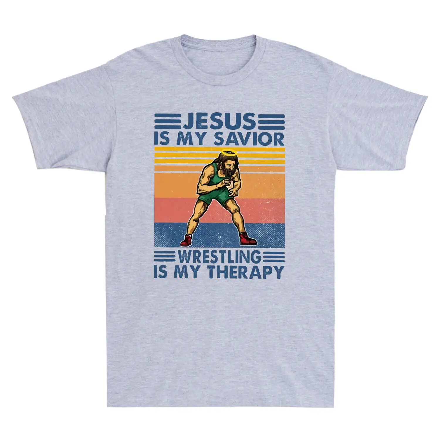 Is My Savior Wrestling Is My Therapy Vintage Retro Men's T-shirt Cotton