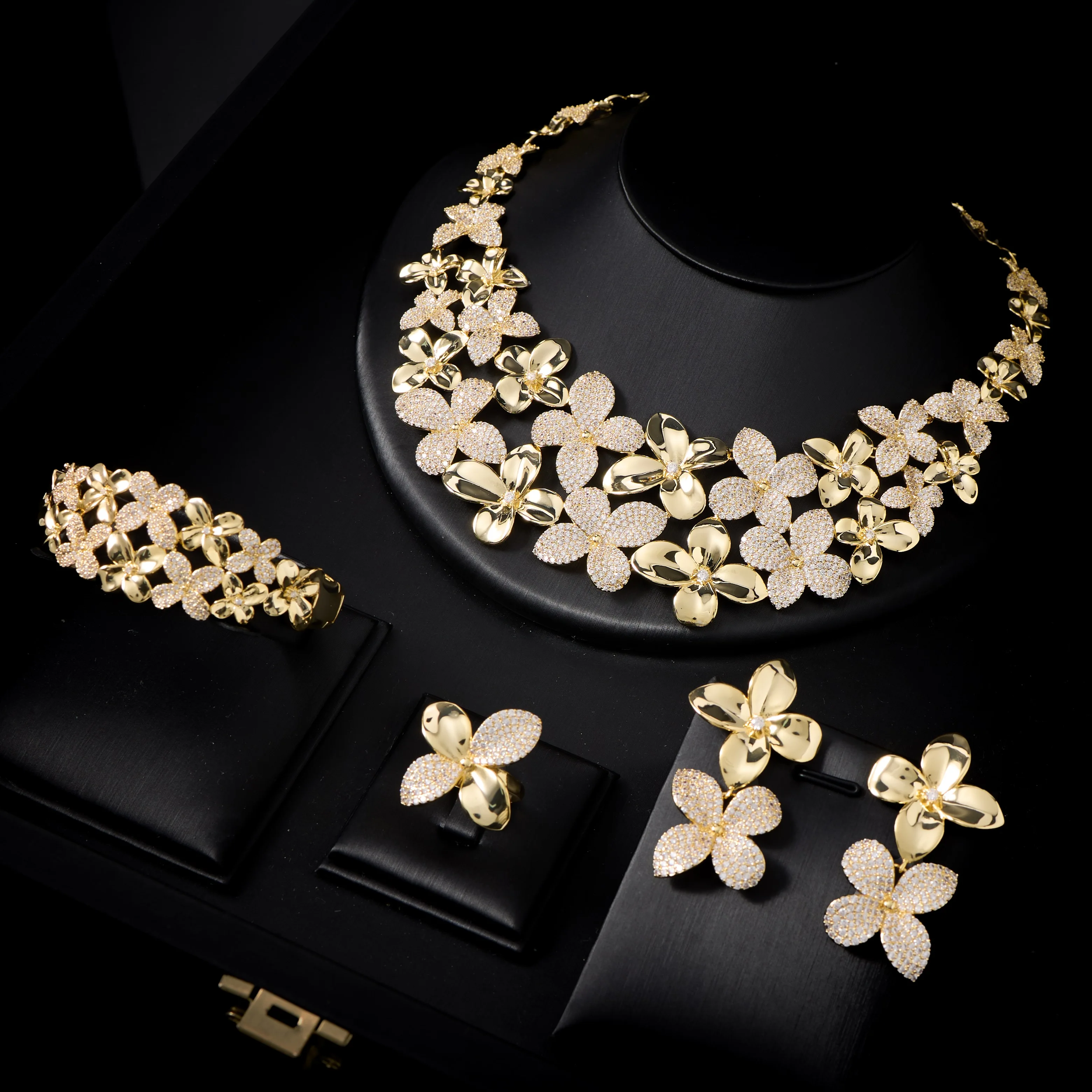 00112 Luxury Flower Jewelry Set 4Pcs For Women Cubic Zirconia Necklace Set Wedding Evening Party Statement Jewelry Sets Gift