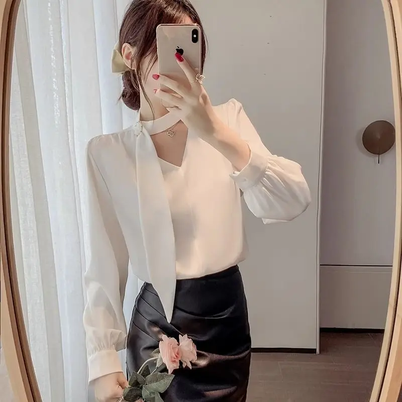 Ladies Elegant Solid Color V-neck Long Sleeve Blouse Women Clothing 2024 New Fashion Lacing Pullover Temperament Shirts Femme