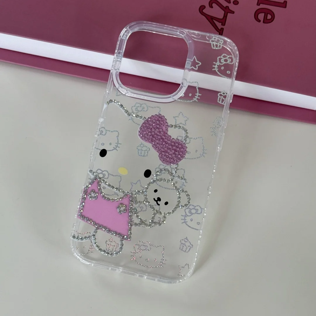 Rhinestone Bling Crystal Hello Kitty Polka Dot Phone Case For iPhone 16 12 13 14 15Pro Max Transparent Bumper Cover With Pendant
