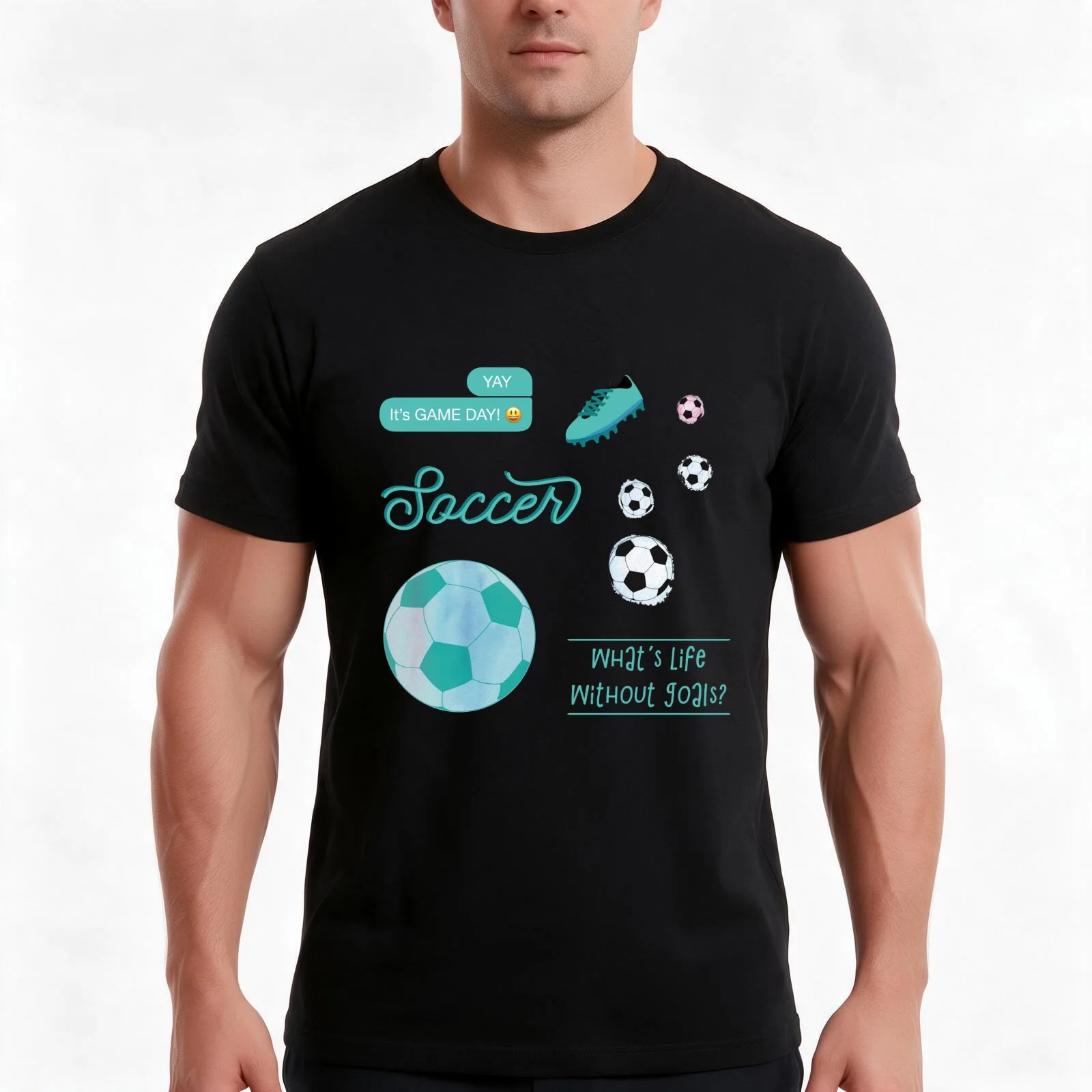 Teal Watercolor Soccer Sticker Pack T-Shirt, Summer Casual Cotton Tee, Oversized Streetwear Tops, Vintage Graphic Print