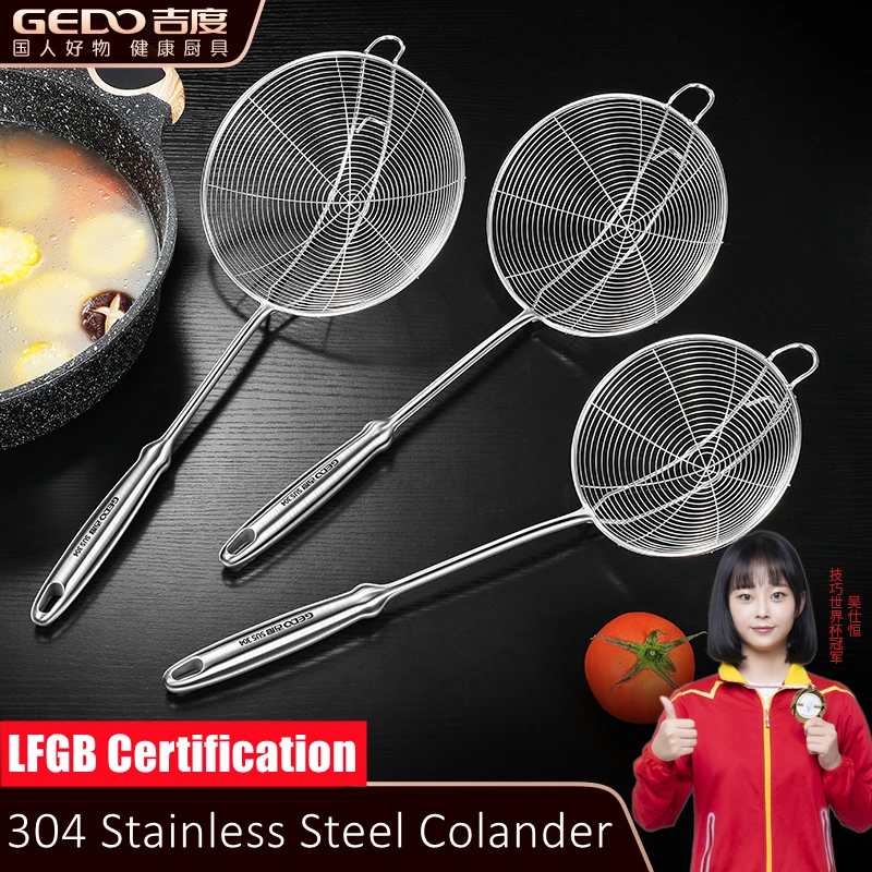 LFGB Certification 304 Stainless Steel Kitchen Wire Colander with 2 Stopper Heat Insulation Handle Frying and Stewing Strainer