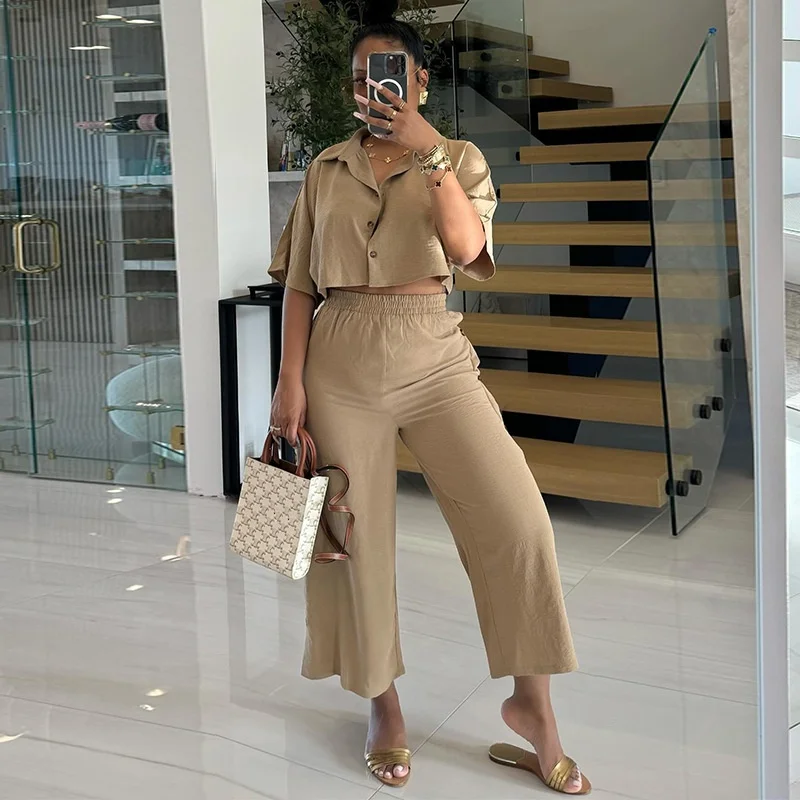 Women's suit 2024 summer new temperament lapel short shirt high waist drawstring casual nine-minute pants two-piece set