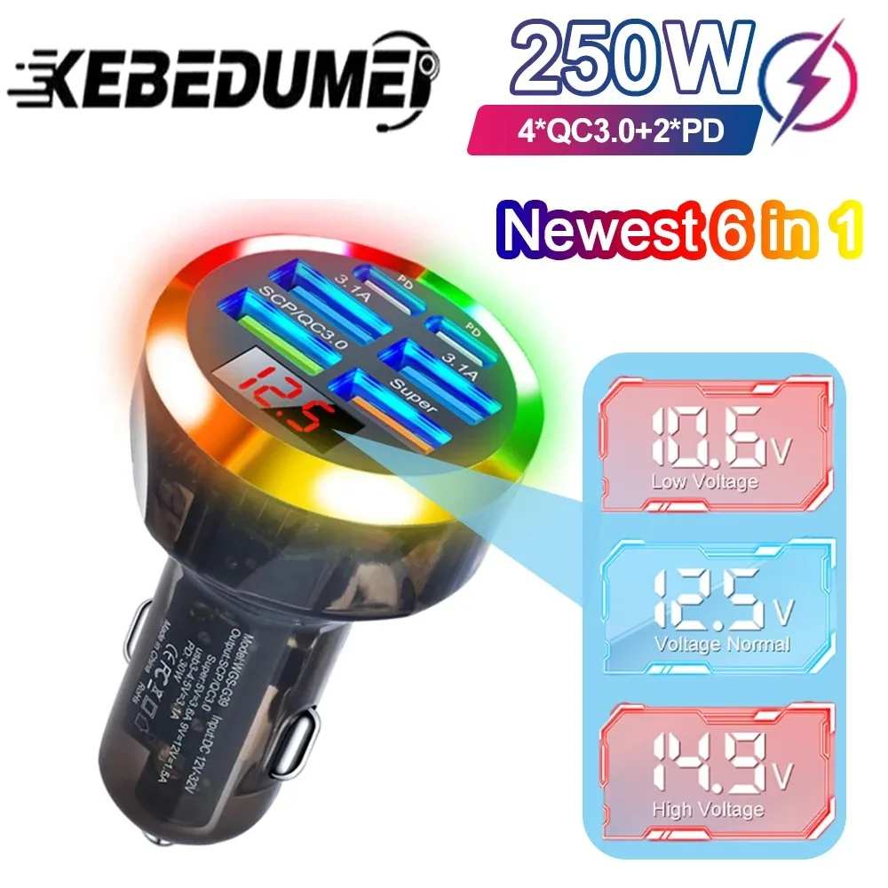 200w Auto ladegerät Anzeige spannung 6 Anschlüsse Typ-C Schnell ladung pd für iPhone 15 14 13 12 Xiaomi Poco Samsung Schnell ladegerät Laden