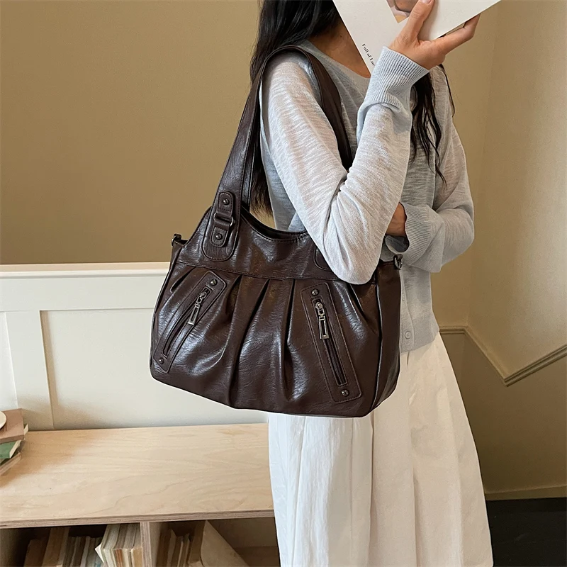 Vintage PU-Leder Tragetasche für Damen, Große Kapazität, Casual Tragetasche, Damen Schulter- und Umhängetasche für Arbeit, Reisen und den täglichen Gebrauch – Detail 8