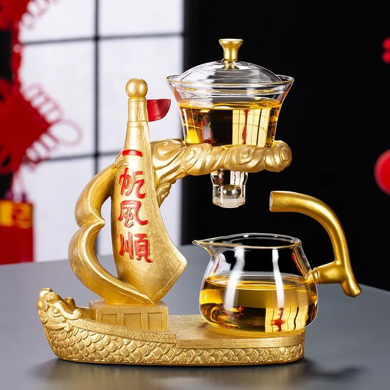 Glass Tea Set Smooth Sailing Gold Magnetic Self Brewing Teapot Gift