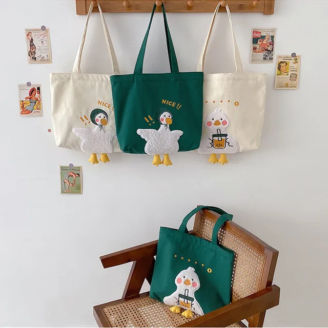 Cute Duck Embroidery Tote Bag