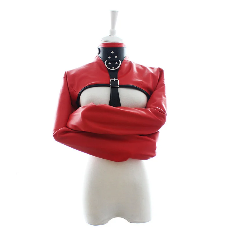 Female BDSM Bondage Breast Exposed PU Leather Straitjacket Restraint Body Harness Jacket Long Sleeves SM Play Flirting Women