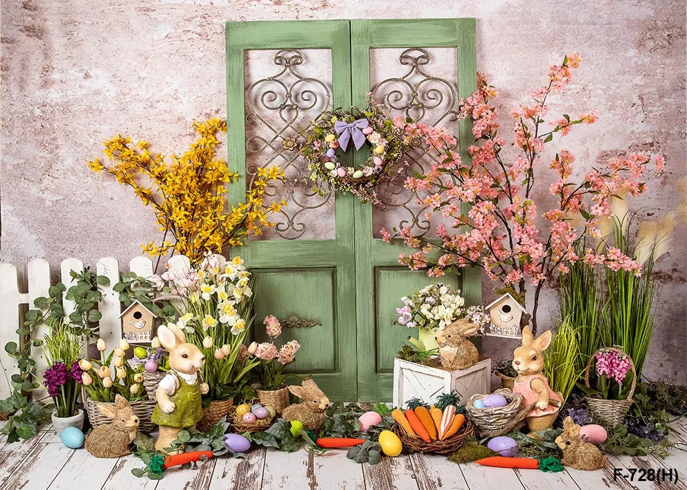 การถ่ายภาพพื้นหลังฤดูใบไม้ผลิไข่ที่มีสีสันรั้วสวนดอกไม้เด็ก Portrai ตกแต่งฉากหลัง Photo Studio