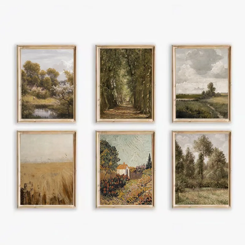 （2D canvas painting）Antique French Country Forest Green Landscape Vintage Farmhouse Poster Canvas Painting Wall Art Pictures