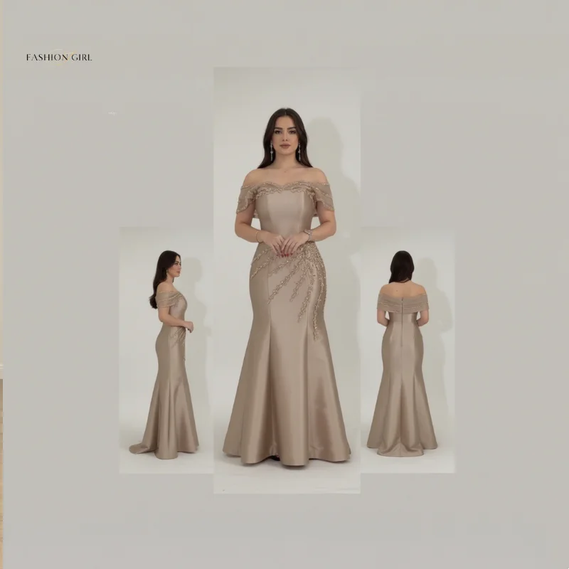 

Customized Women's Evening Gown In Champagne Color For Special Occasions In Saudi Arabia 2025 Off Shoulder Embroidered Mermaid