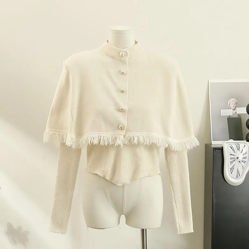 Women's French Fringe Knit Cape Shawl Stand Collar Button Decor Cropped Outerwear Top