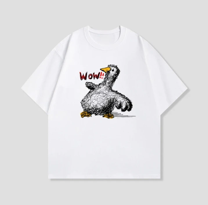 Funny Scribble Duck Wow Short-sleeved Versatile T-shirt Top Unisex Cute Cartoon Goose Meme Casual Streetwear for Daily Wear