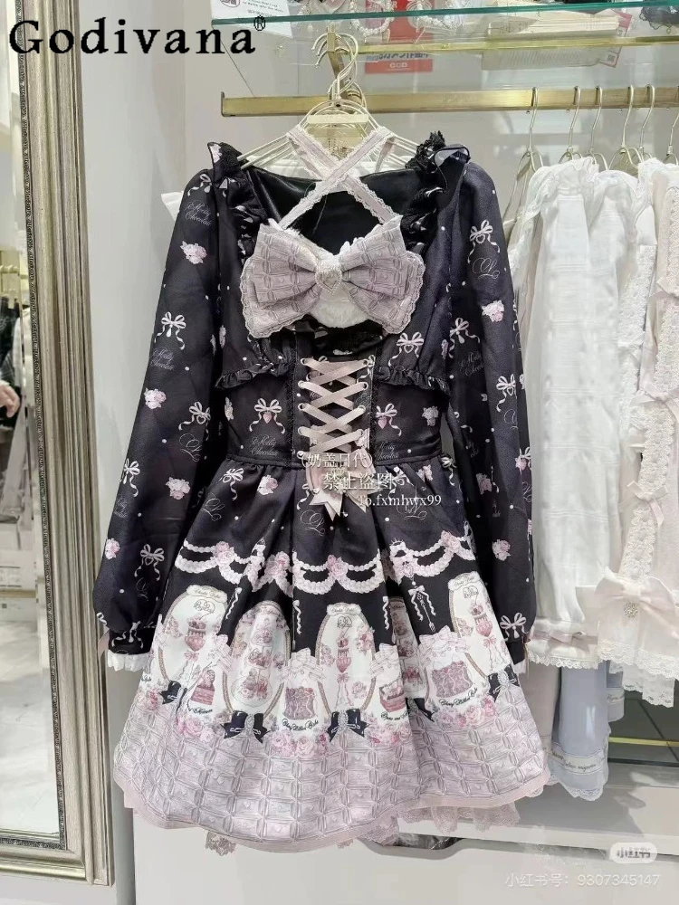 

Spring and Summer Liz Princess Tea Party Lolita Dress Japanese Sweet Girl's Cute Bow Print Neck Dress Large Size Dress Women