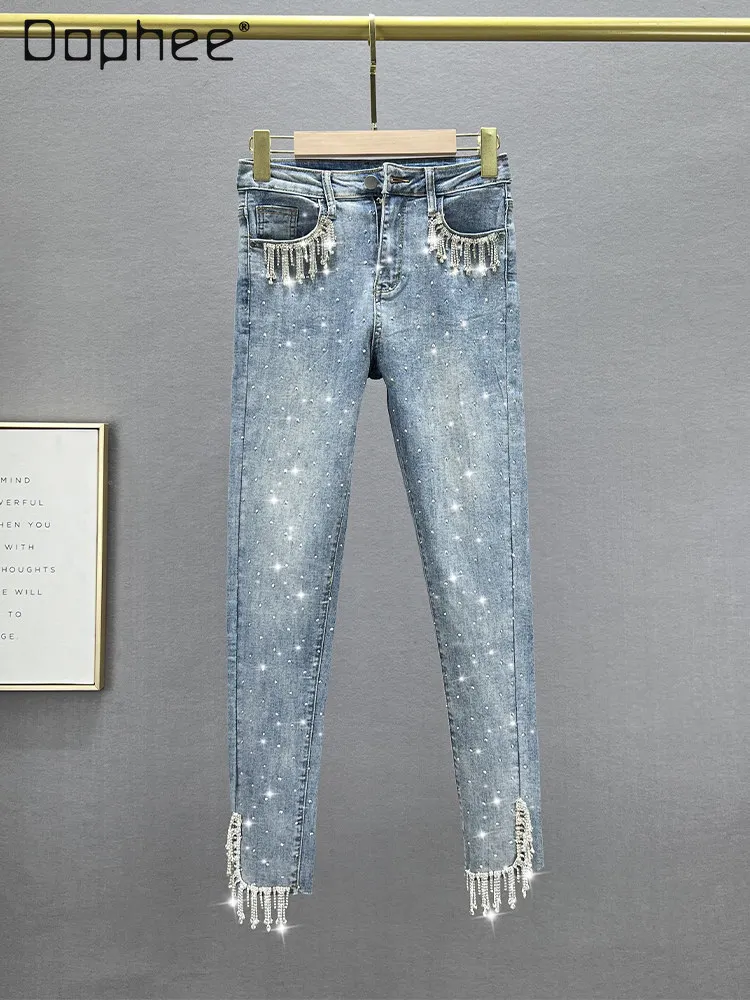 

Tassel Jeans Women's Tide 2026 New Spring and Summer Elastic High Waist Slim and Thin European Nine-point Pants