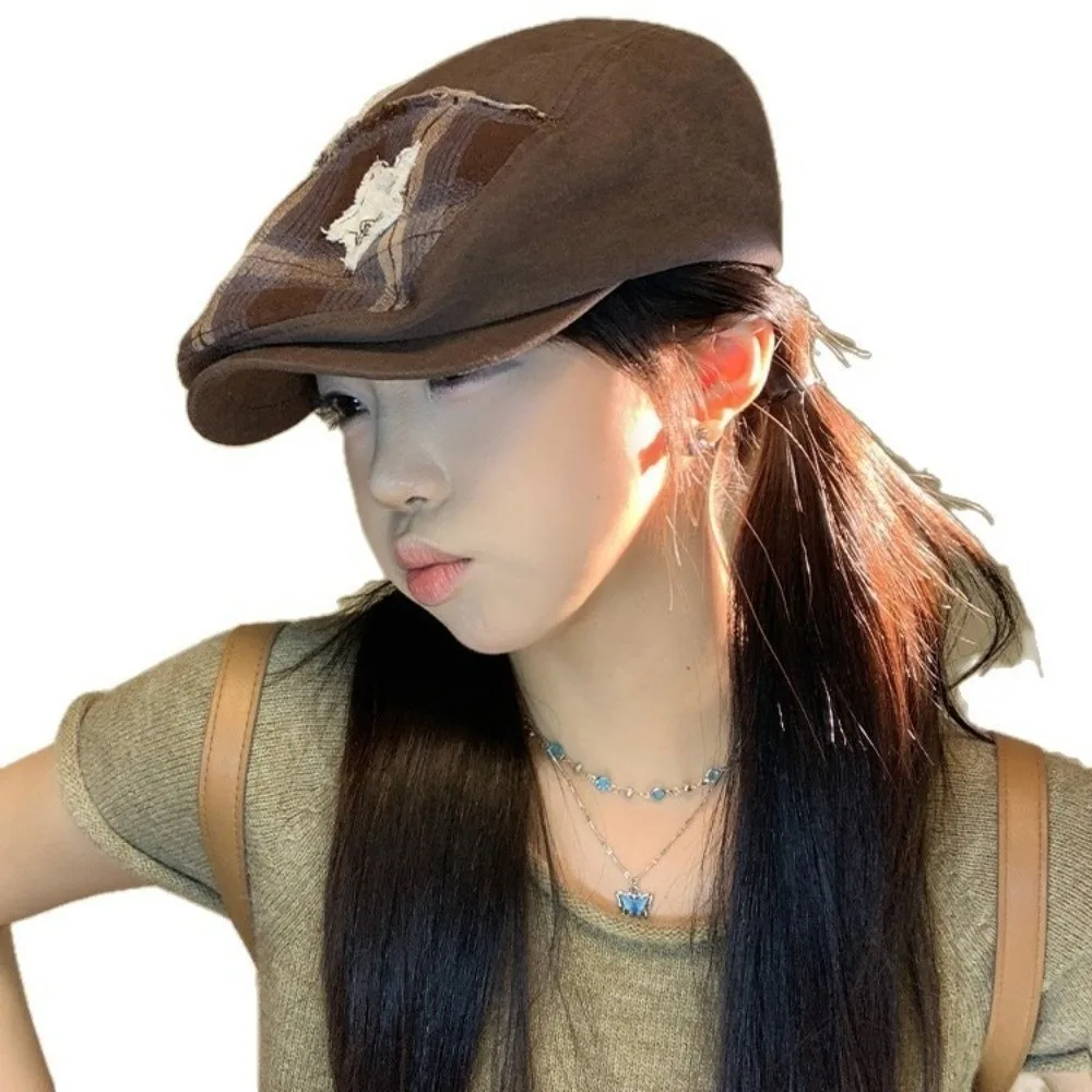 Трендовый винтажный берет в клетку со звездами, американская универсальная кепка газетчика, коричневая кепка художника Y2k, пряная кепка для девочек