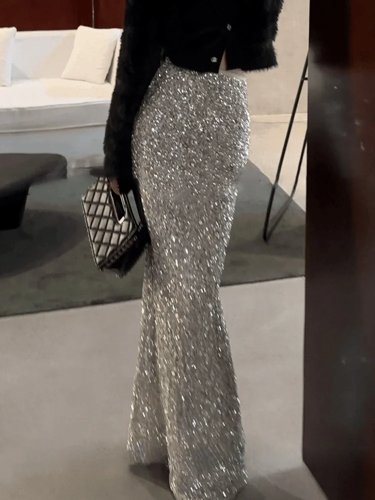 

iny Silver Sequin High Waist Skirt Women's Early Autumn Small Size High-End Feeling Elegance Fi Tail Bodycon Skirt