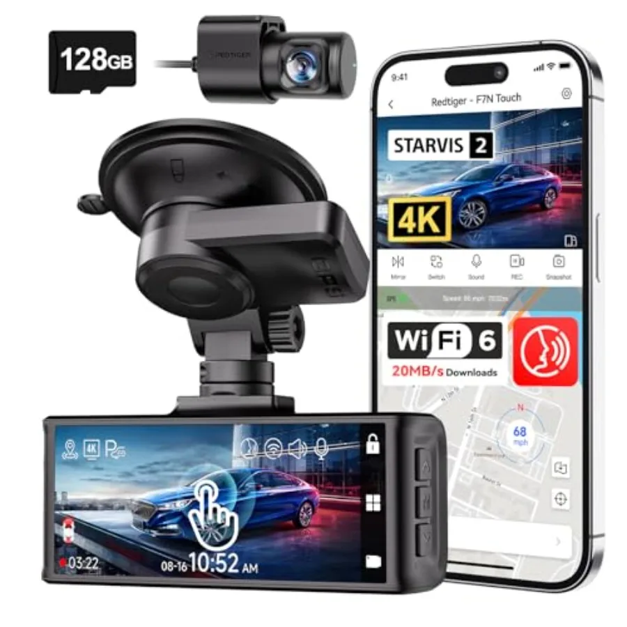 

Видеорегистратор 4K STARVIS 2 с камерами спереди и сзади, Wi-Fi 5 ГГц, скорость загрузки 20 МБ/с, карта памяти 128 ГБ в комплекте, голосовое управление, для автомобилей с 3.18