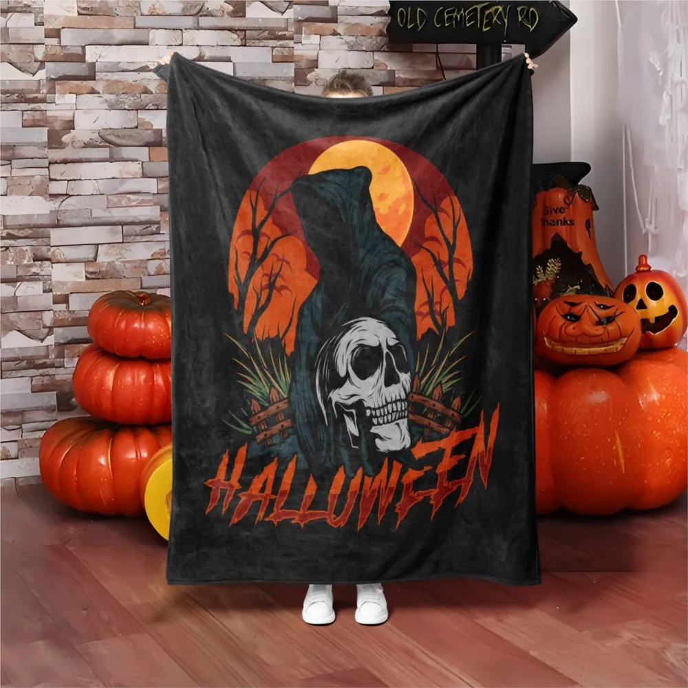 1PC Halloween Throw skull Skeleton Blood moon pattern festival Thin Blanket Gifts for Couch Bed Car Home Camping all season use
